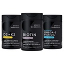 Sportonderzoek® Gezond haarpakket - Biotine 5000 mcg met biologische kokosolie + Vegan Vitamin D 5000iu & Mk7 Vitamine K 100 mcg + Omega-3 Visolie 1250