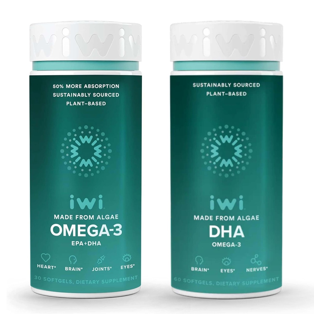 Iwi Omega-3 & DHA Omega-3 Bundle, 30 Servers, Vegan Plant Based Algen Omega 3, Krill & Fish Oil Alternative, No Fishy Aftersmaak