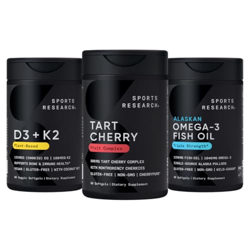 Sports Research® Multivitamine Pack w/CherryPure® Tart Cherry Fruit Complex 800mg, Vitamine D3 5000iu + K2 100mcg, et Alaskan Omega-3 Huile de poisson 1250mg - Non-OGM · Sans sucre · Sans gluten