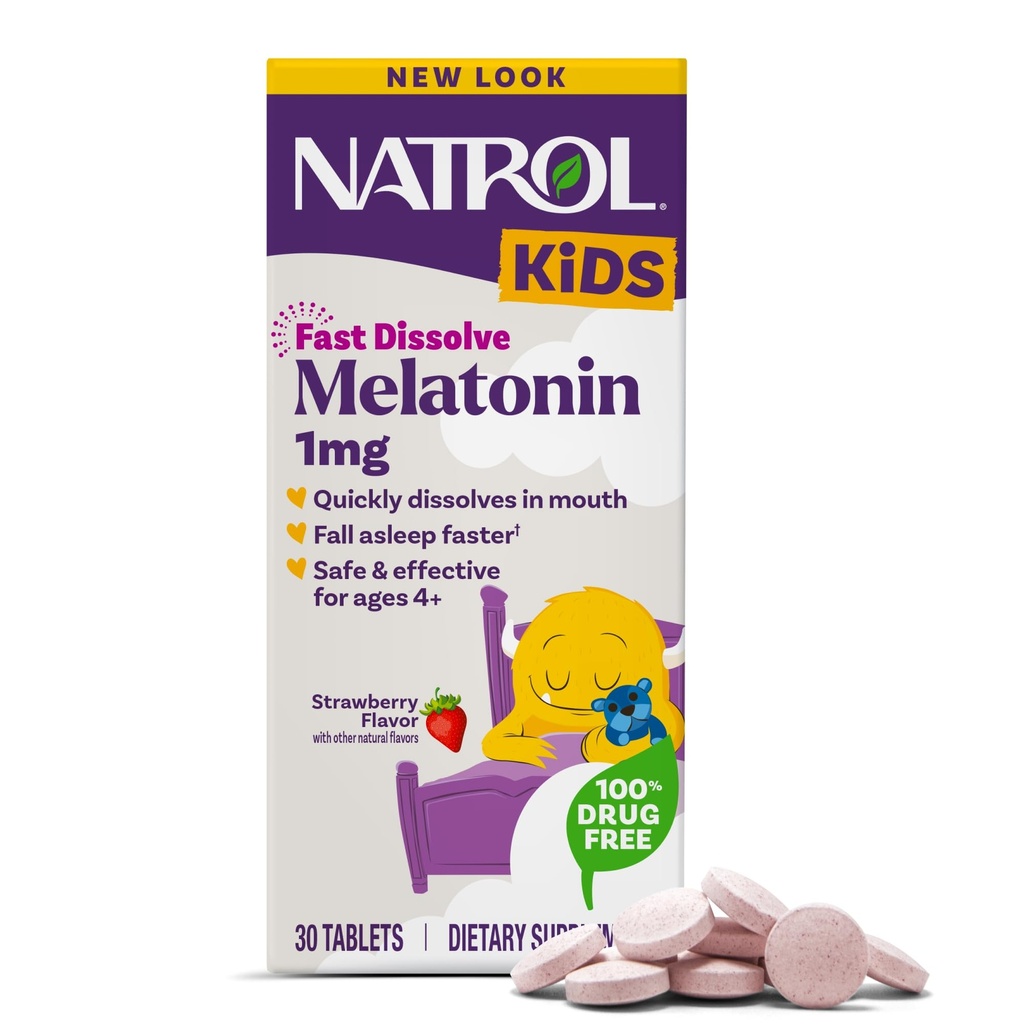 Natrol Kids rapide Dissolve Melatonin 1 mg, supplément alimentaire pour le sommeil reposant, comprimés de sommeil pour les enfants, 30 comprimés de mélatonine aromatisés aux fraises, 30 jours d'approvisionnement