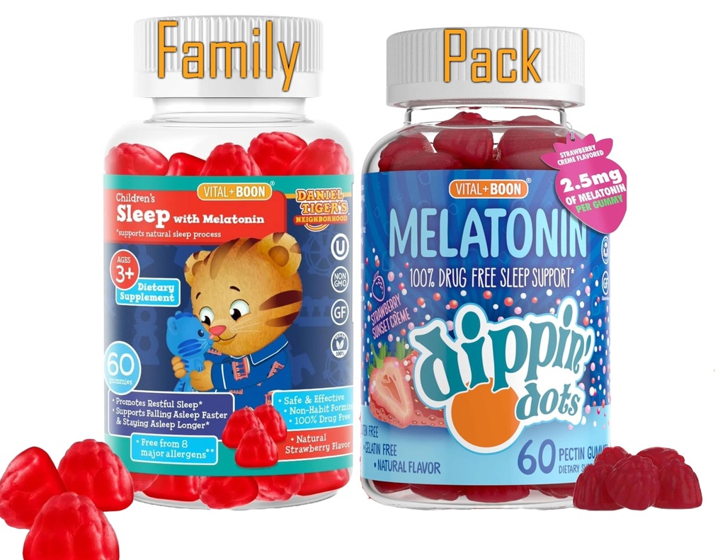 Melatonine Slaap Gummies Bundle Family Pack - Kids & volwassenen Daniel Tiger & Strawberry Sunset Crème Smaken Niet-Habit vorming natuurlijke slaaphulp Vegan, Glutenvrije