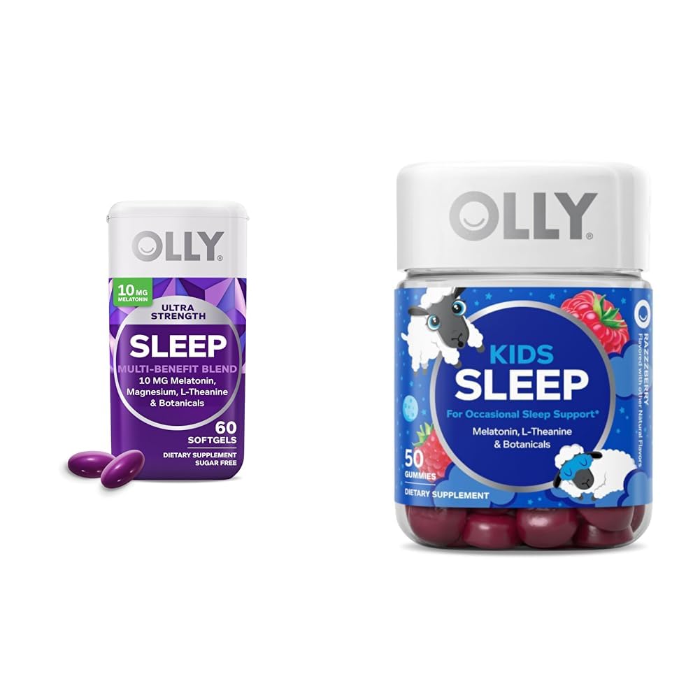 Ensemble de sommeil OLLY avec des softgels ultra-forts, 10mg de mélatonine, et des gommes pour enfants, 0,5mg de mélatonine, aide occasionnelle au sommeil