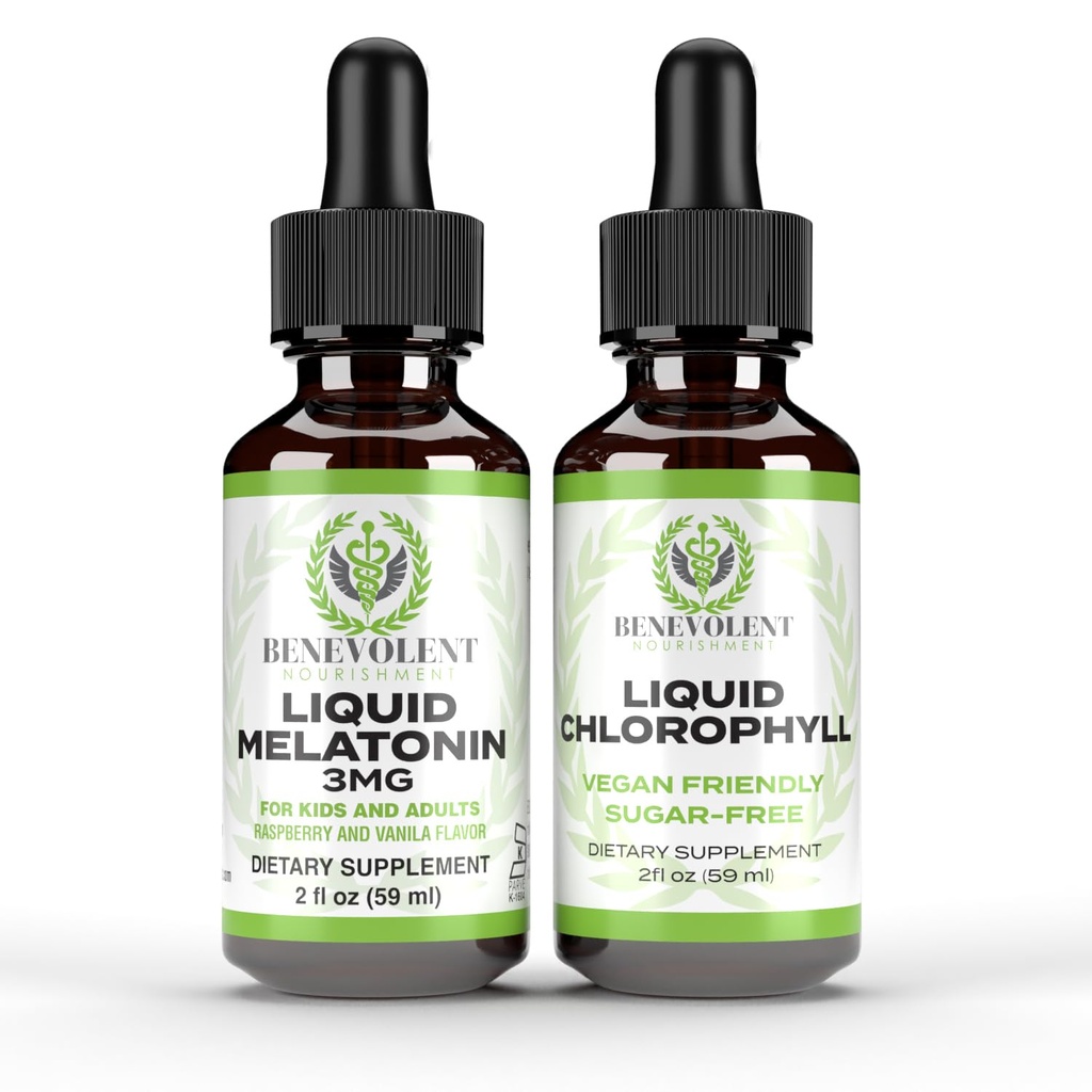 Mélatonine liquide pour les enfants et les adultes 3mg & Liquid Chlorophyll Bundle - gouttes naturelles d'aide au sommeil, Berry Vanilla Flavor, Fabriqué aux États-Unis - Soutien du sommeil et de la peau