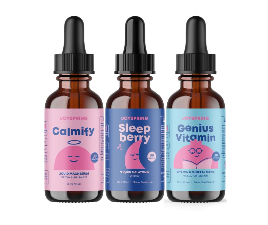 JoySpring Kids Daily Calm & Bedtime Routine – Liquid Magnésium + Melatonine Sleep Drops + Complexe Vitamine B pour les enfants avec L-Theanine, Camomille, Elderberry & Zinc
