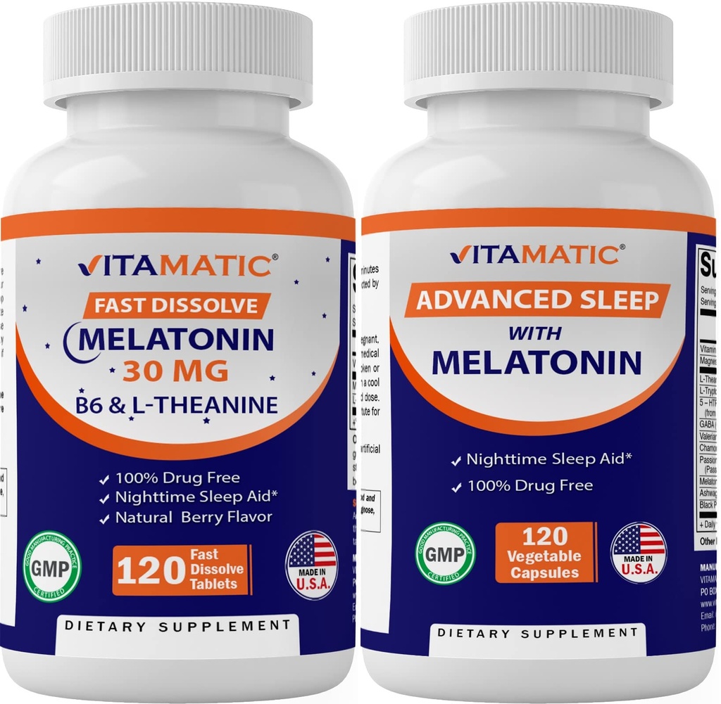 Mélatonine vitamatique 30mg Fabriquée avec B6, Magnésium, L-Theanine, L-Tryptophane, 5-HTP, GABA, Valérien, Camomille, Fleur de Passion, Ashwagandha et poivre noir