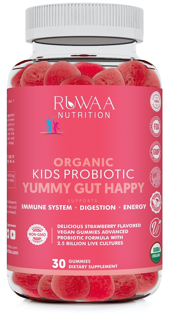 RUWAA NUTRITION Kids Biologische Probiotische Gummy's voor Digestieve Gezondheid, Immune Ondersteuning, Constipatie, Opgeblazen. 2,5 miljard CFU, aardbeiensmaak, Kauwbare probiotica voor kinderen 4+, 30ct (1)