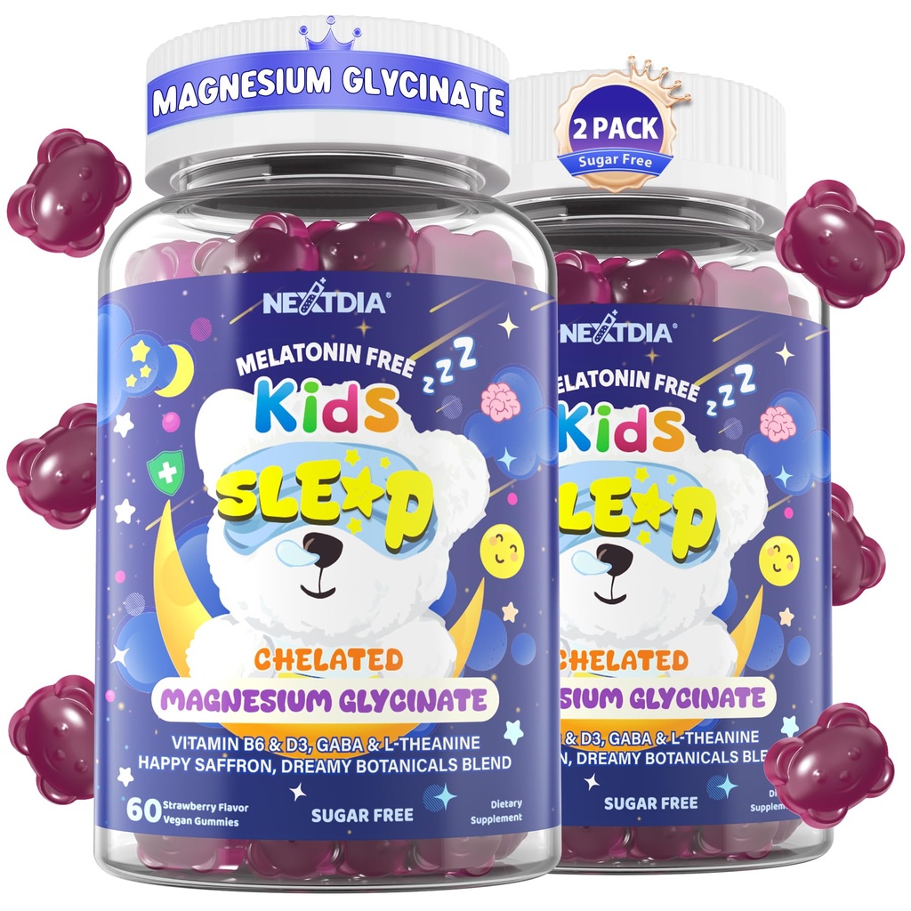 Gommies de sommeil pour enfants NON Mélatonine - Triple Magnésium Glycinate + Safran, GABA, Berry & Nut Superfood Gommies, sucre gratuit nuit aide au sommeil et calme pour les enfants 4+ adolescents, relaxation, cerveau et muscles, 2Pack