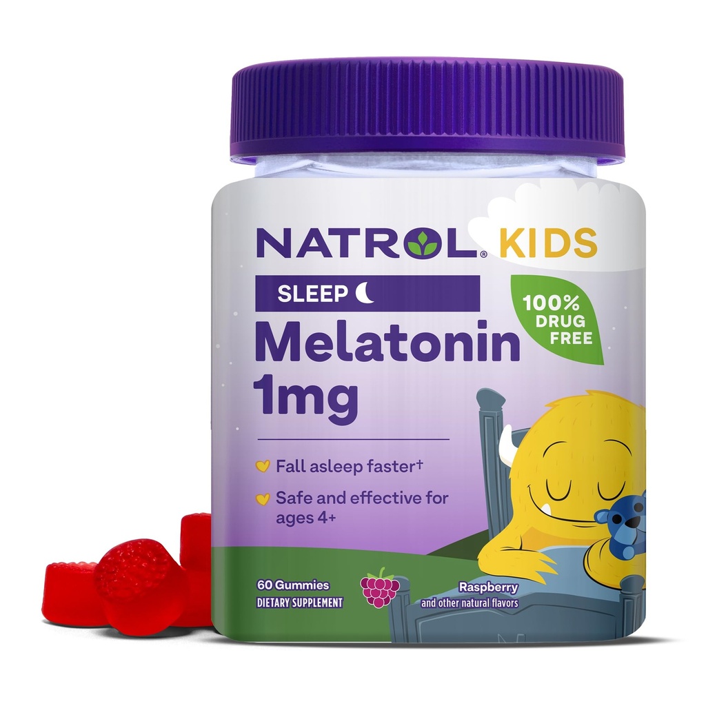 Natrol Kids Melatonin 1mg, Supplément pour le sommeil reposant, Gummies de sommeil pour les enfants, 60 Gummes de mélatonine aromatisées aux framboises, 60 jours d'approvisionnement