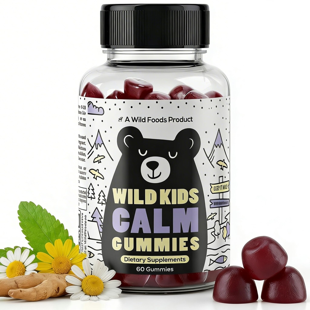 Nourriture sauvage Gummies calmes pour enfants - Ashwagandha Gummies pour enfants w/GABA, L-Theanine, Lemon Baume & Charmomile - Soutien relaxation naturelle, stress et sommeil, pour enfants 4+, Berry Flavor, 60 Comte