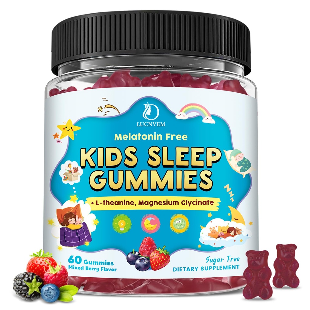 Gommies de sommeil pour enfants avec Glycinat de magnésium – Melatonine Free Bedtime Support pour enfants – Calme et détente avec L-Theanine, GABA, Camomile & Lemon Baume – sans sucre mélange de baies parfum, 60 Gommies