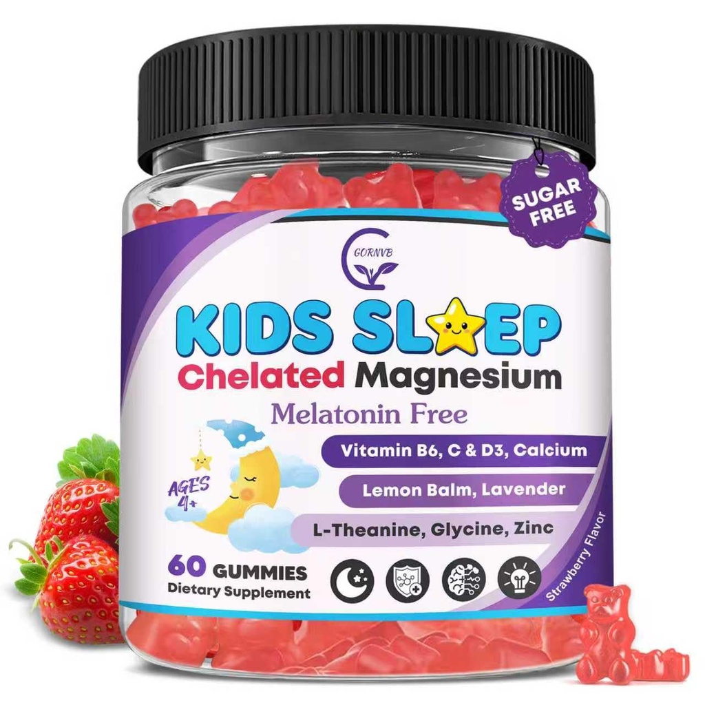 Gummies de sommeil pour enfants, NO Mélatonine Aide au sommeil Gummies avec glycinate de magnésium, Citrate de calcium, L-Theanine, GABA, Vitamine D3 K2 B6 Zinc, Camomille et Lemon Baume pour Zzz & Relax, Cerveau, Os, Non-GMO 1Pack