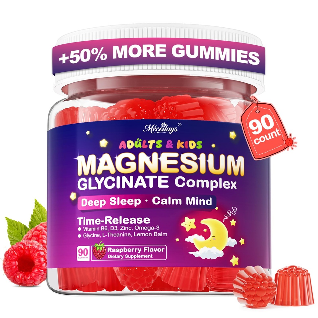 Magnesium Glycinate Gummy's voor kinderen 4+ & Volwassenen, 90 Counts Geen Melatonine Magnesium Gummies voor slaap & Kalm, Suikervrije Vegan met Glycine, L-Theanine, B6, D3, Zink & Omega 3 - Raspberry Flavor