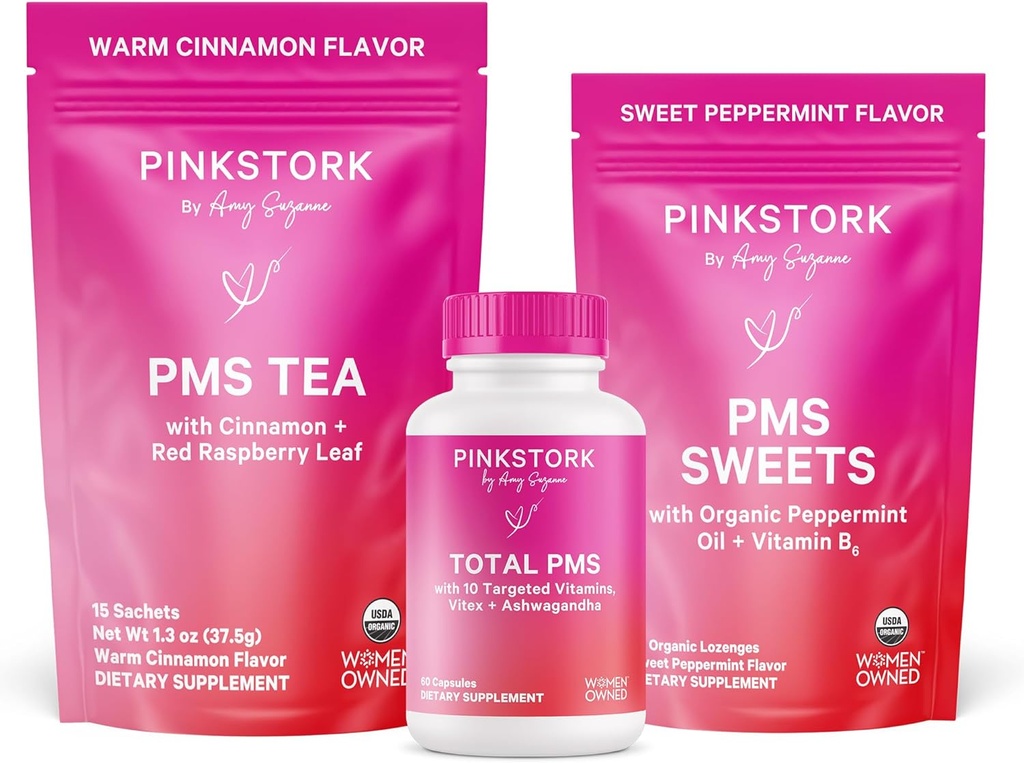 Roze Stork PMS Ondersteuning Trio: Periode Relief Supplementen, Kaneelthee, + Peppermint Sweets, Menstruele Ondersteuning, Eerste Periode Kit, Hormone Balance voor gezonde Menstruele Cycle, Women-Owned