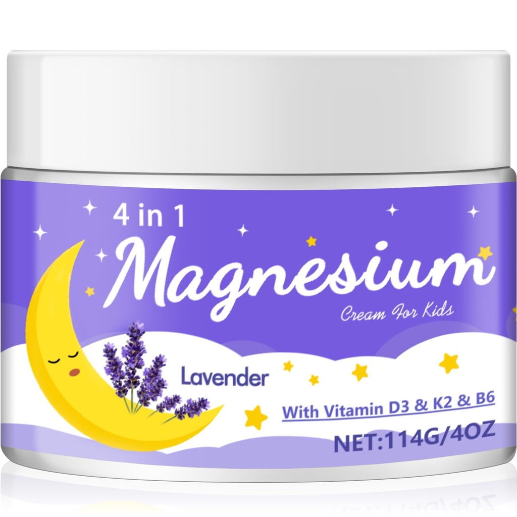 Magnesium Lotion voor kinderen, Magnesium Crème voor Baby's, Vermindert voorbed angst & verlengt slaapduur, Lavendel met vitamine D3, K2, B6, Melatonine-Free, voor gevoelige huid (4 Oz) - WN7