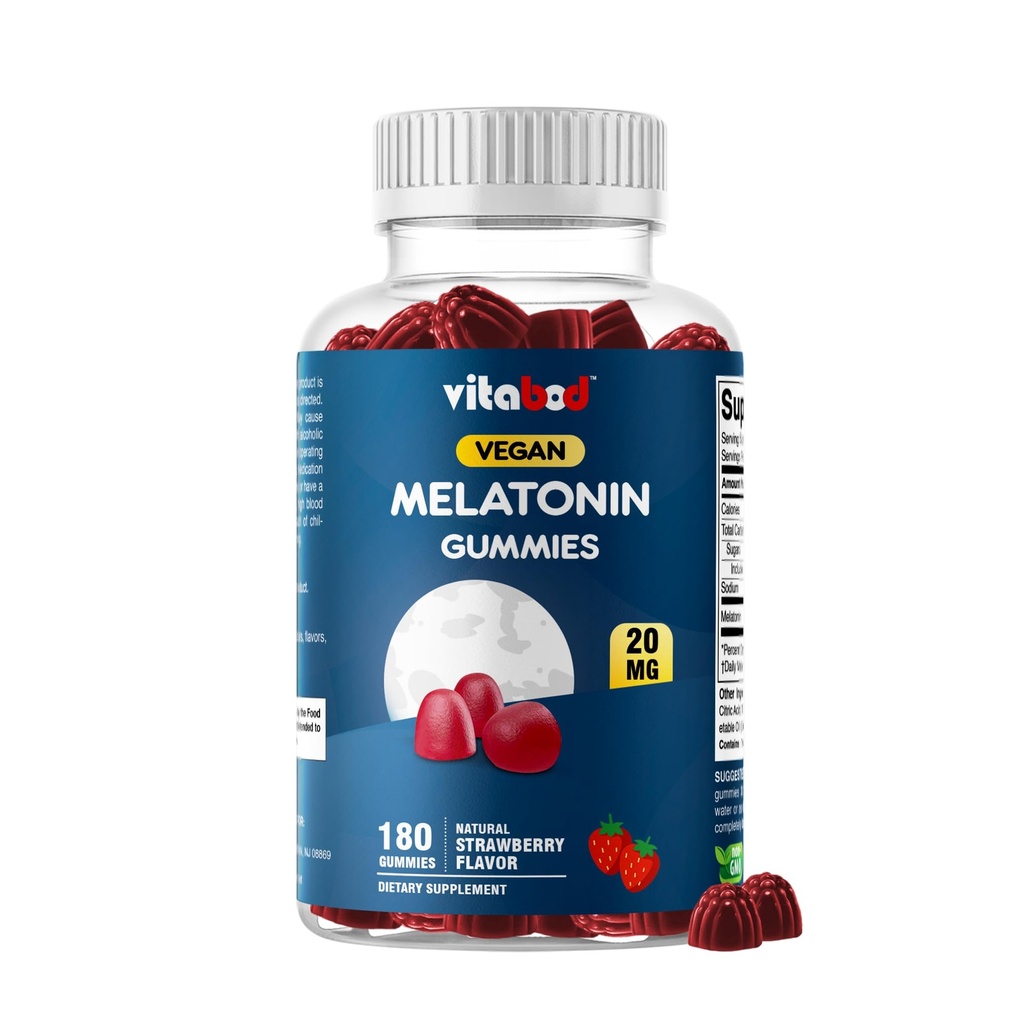 Vitabod Melatonine 20mg Gummies - 180 Compte - Sans médicament - Fraise naturelle - Végétarien, non-OGM, sans gluten (1 bouteille)