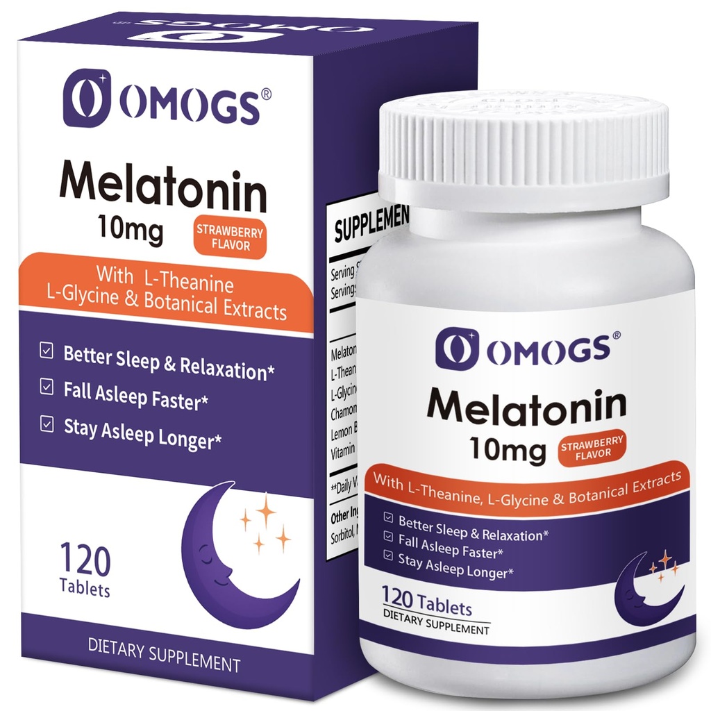 OMOGS Melatonine, solution rapide Melatonine 10mg Comprimés, avec L-Theanine, L-Glycine et Vitamine, soutient la relaxation et des cycles de sommeil sains, fraise, 120 jours d'approvisionnement