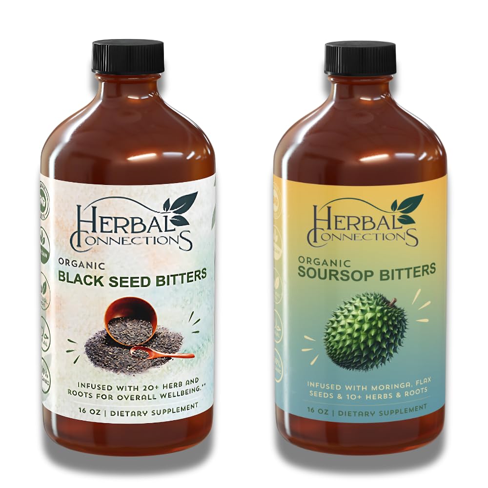 Kruidenaansluitingen Biologische Soursop & Black Seed Bitters Bundle - Natuurlijke plantaardige ingrediënten voor Gentle Detox & Digestieve Gezondheid Twee flessen, 32 Ounces (16 Ounces Elk), 64 Servers