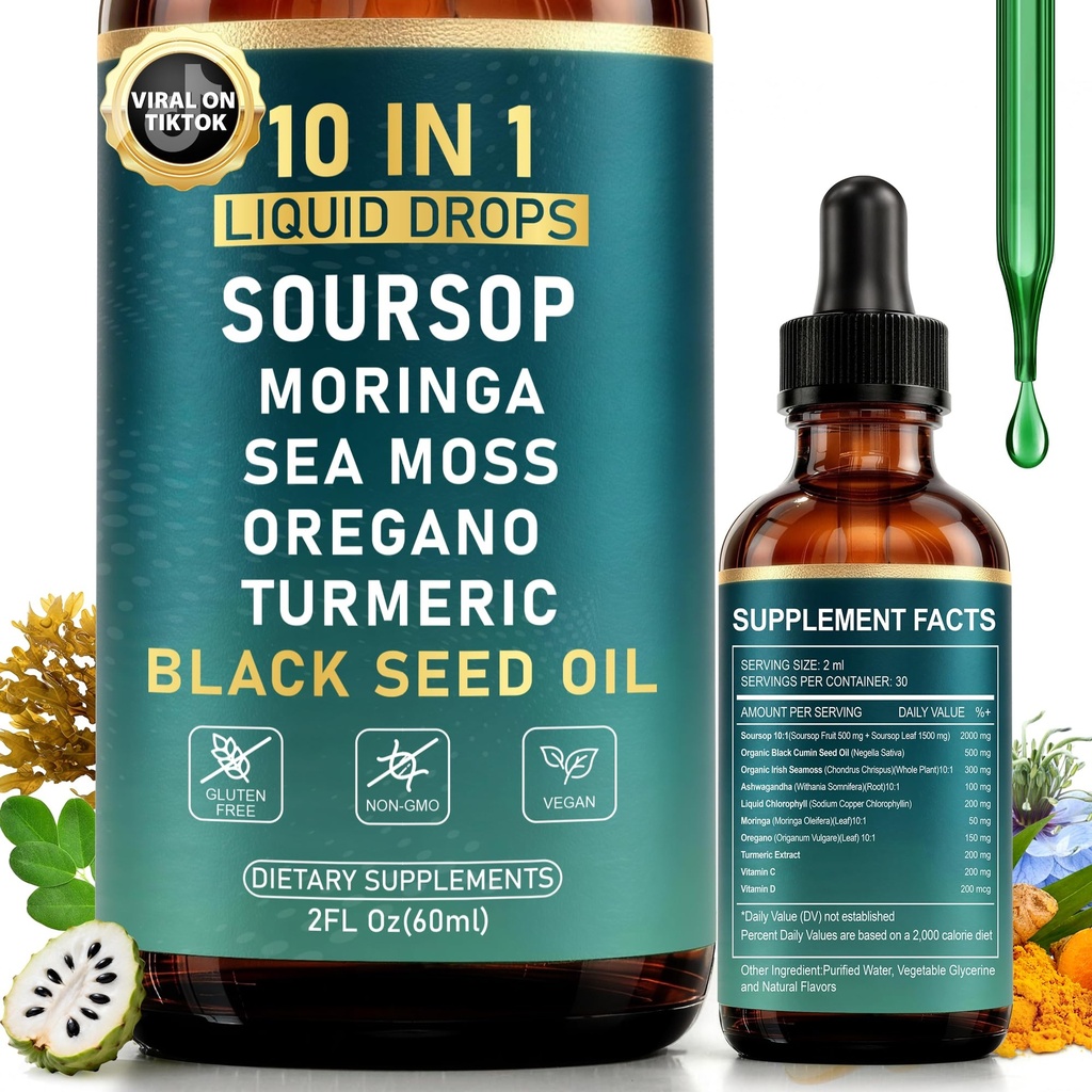 10-en-1 Susop Bitters gouttes liquides pour Gut Cleanse & Immune Boost & Detox avec la mousse de mer, Moringa, huile de graines noires, curcuma, Ashwagandha, VC,VD - 2 Fl Oz - Non-OGM, Vegan