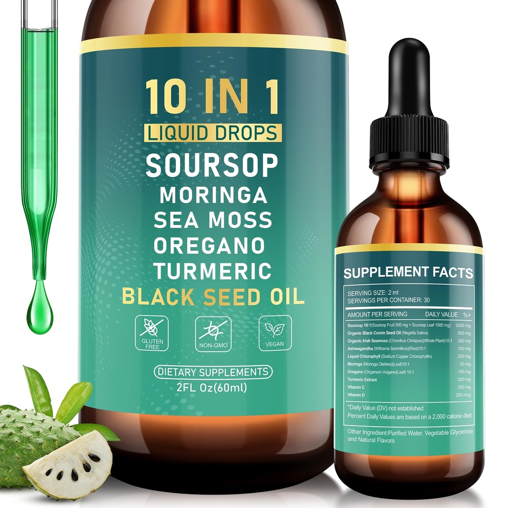 Soursop Bitters Liquid Drops, Bitter Herbs met Soursop Extract, Ashwagandha, Sea Moss & Black Seed Oil, samengesteld voor Immune Wellness, Antioxidant Ondersteuning & gezonde spijsvertering, 2 FL Oz