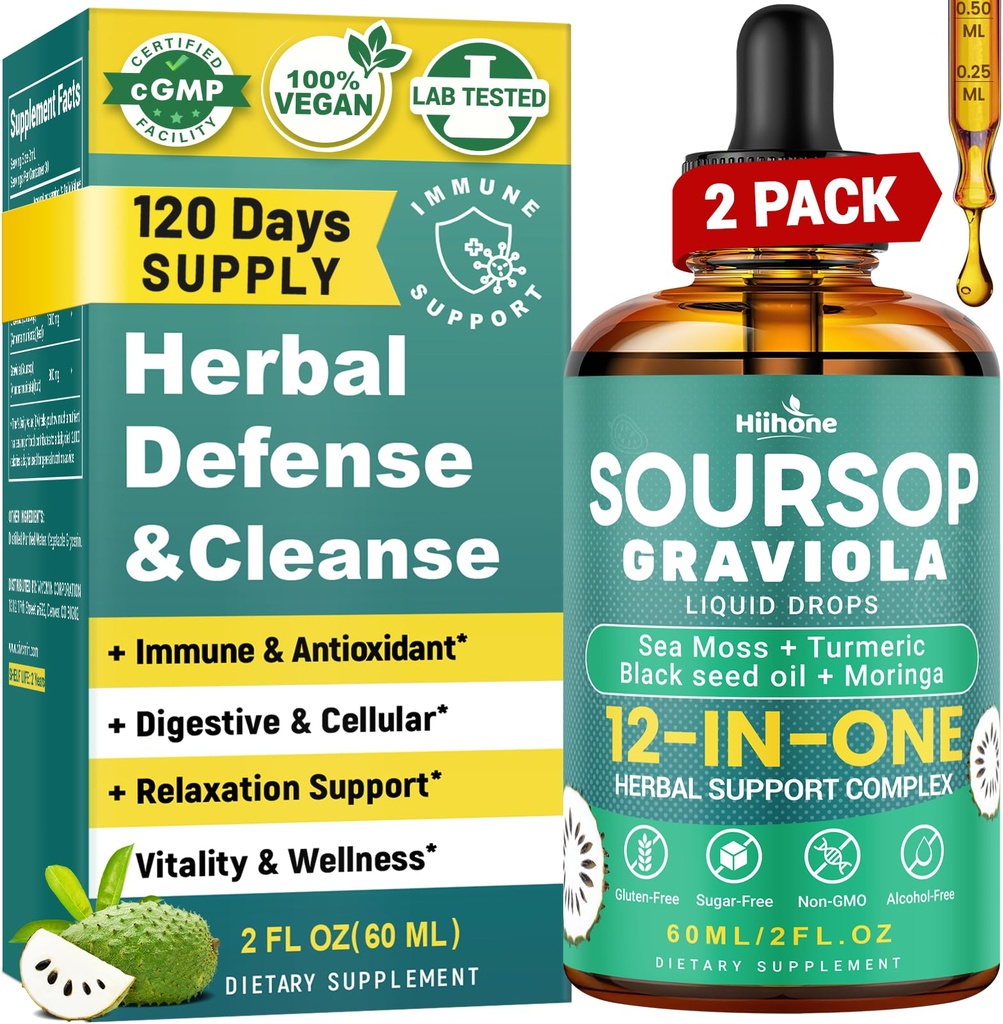 HIIHONE (2 packs) 12-en-1 Bitters de sourcils gouttes liquides avec mousse de mer, huile de graines noires, Moringa pour le soutien cellulaire et la régénération, immunité, foie, Gut et antioxydant - 2 Fl Oz