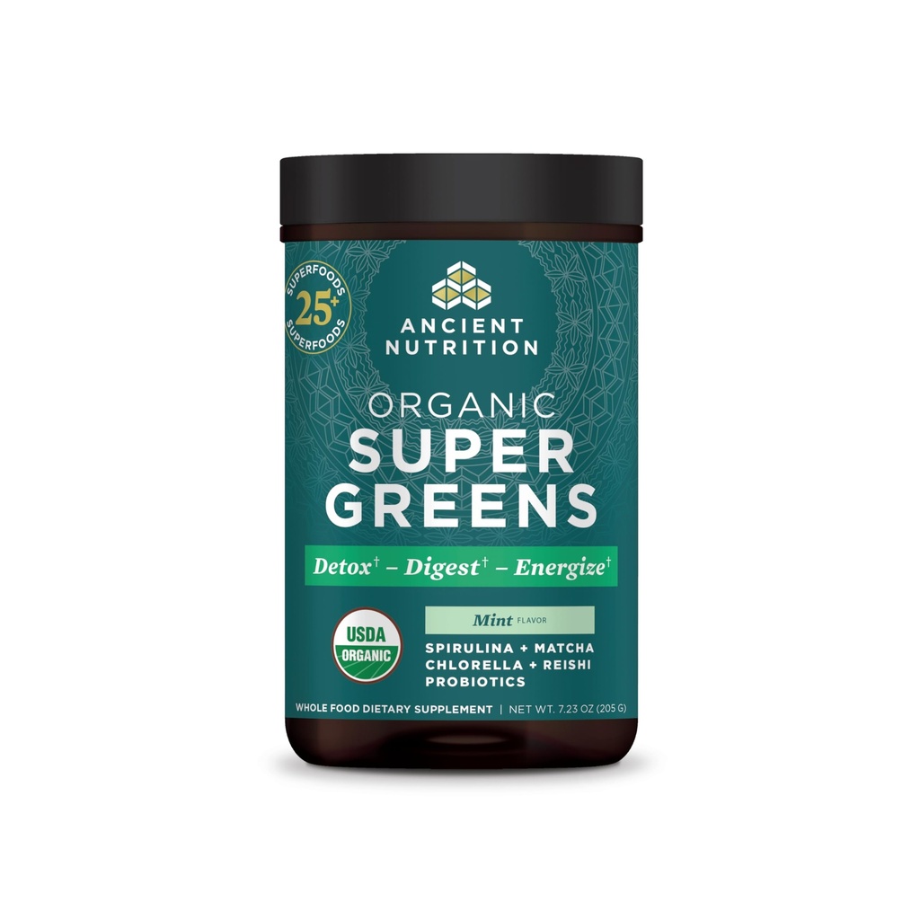 Alimentation ancienne SuperGreens Poudre avec Probiotiques, Verts à la menthe poivrée biologique, fabriqués à partir de fruits réels, légumes et herbes, pour le soutien digestif et énergétique, 25 portions, 7,23oz