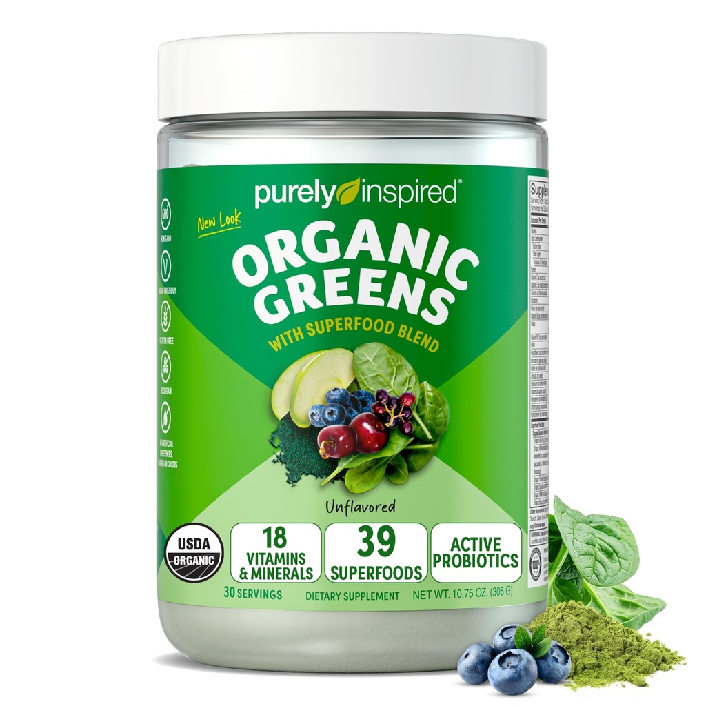 Pure geïnspireerde biologische Greens Powder Superfood Smoothie Mix, Unflavored (30 Servings) - Super Greens with Probiotics, Spirulina & Chlorella for Gut & Digestive Health - Vegan