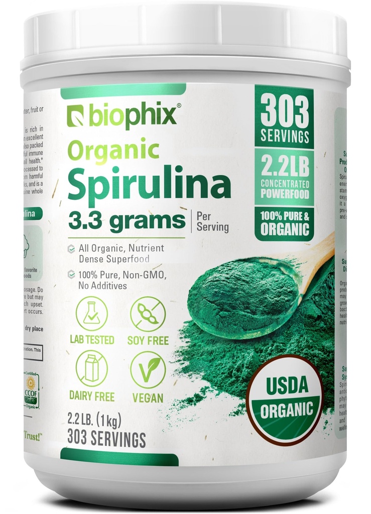 biophix Organic Spirulina Powder, 2.2 Lbs 100% Pure Spirulina Blue Green Algen Powder, Vegan, Non GMO, Non-Ir uitgestraald, USDA Gecertificeerd, Beste Proteïne Superfood