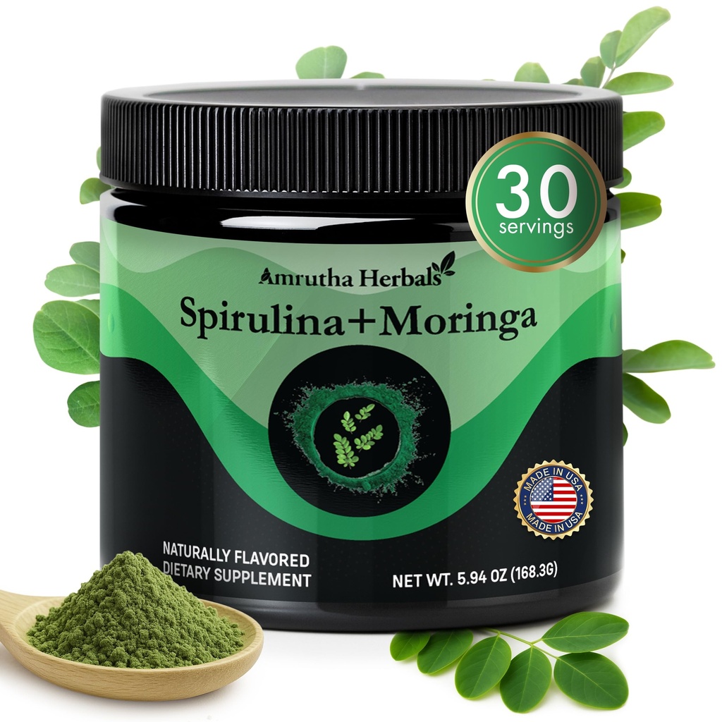 Organische Spirulina + Biologische Moringa Greens Poeder, Glutenvrij, Veganistisch Vriendelijk, Detox & Digest, Superfoods 30 Servers Made in USA