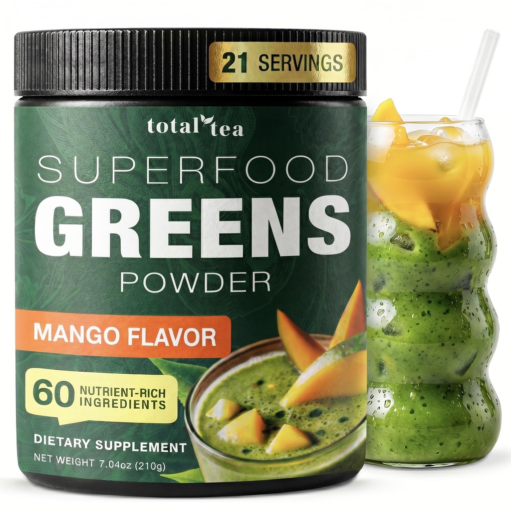 Totaal Thee Super Greens Powder Supplement, Groenen, Fruit, Groenten, Veganistrink met Spirulina, Chlorella en Vitaminen 25 Servers - Mango