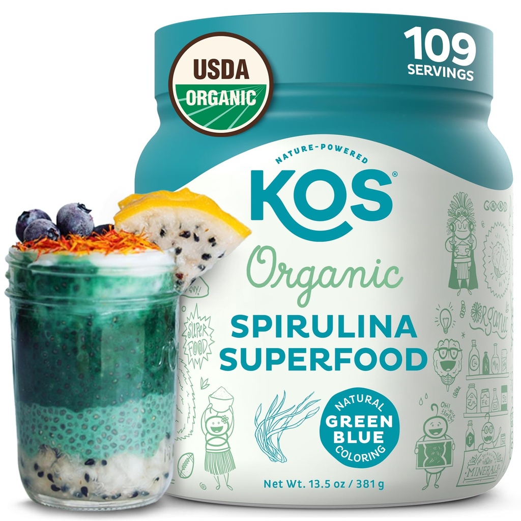 KOS Organic Spirulina Powder - USDA Certified Organic, 109 Servings of Superfood Powder for Smoothies & Juices, Non-Ir emittered Blue Green Algen, Plant Based with Antioxidants, Vegan (13.5oz)