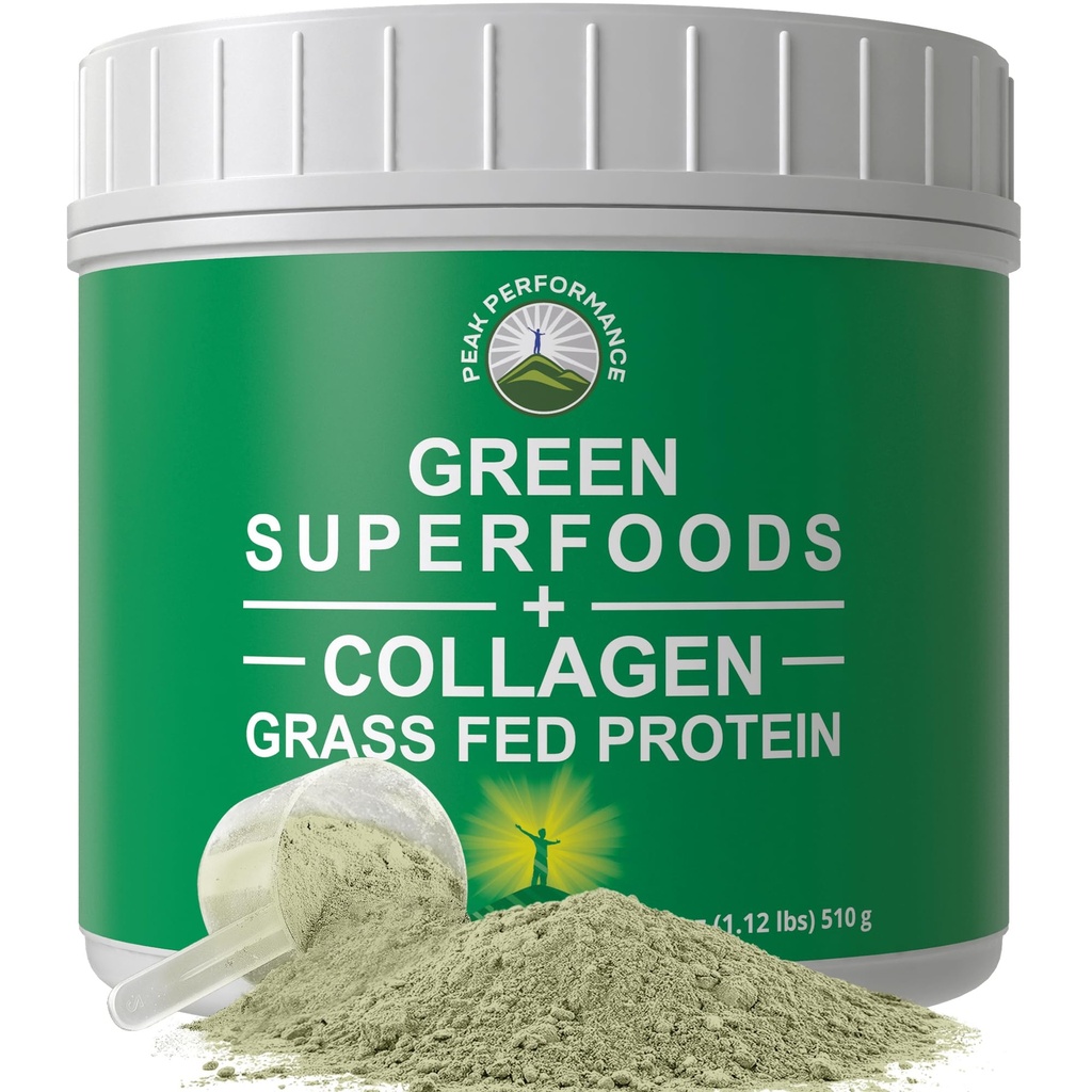 Greens Superfood + Poudre de peptides de collagène à l'herbe - Ultimate Blend of Best Tasting Green Superfood with Pure Pasture Leved Hydrolyzed Protein Powder for Skin Hair + Joint Health