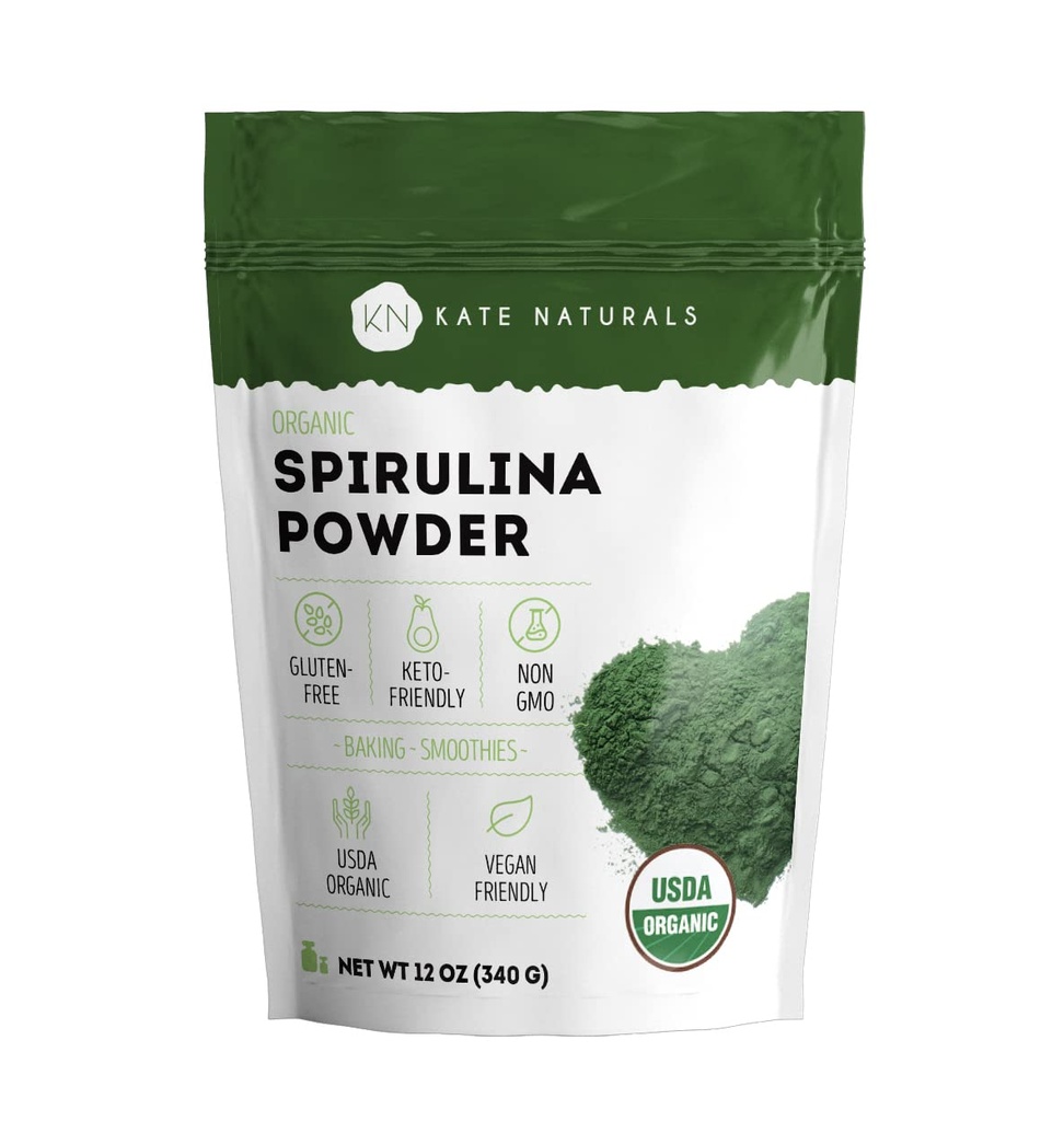 Kate Naturals Biologische Spirulina Poeder. Nutriënt Dense Superfood Supplement (12 oz, USDA Gecertificeerd, Niet-GMO, Glutenvrij)