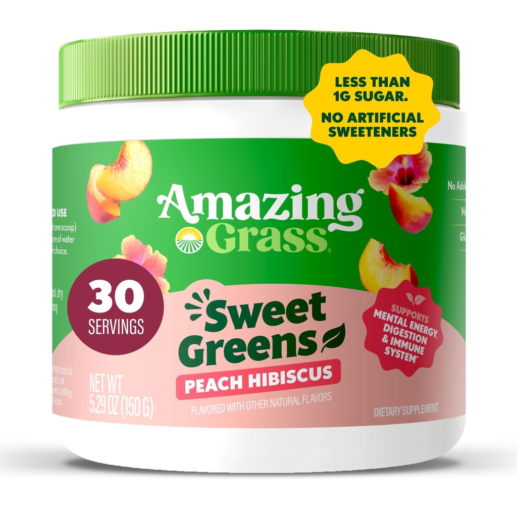 Verbazingwekkend gras Sweet Greens en Superfoods Powder voor de spijsvertering gezondheid, Greens Powder, Digestieve enzymen, Probiotica, Spirulina, Chlorella, Peach Hibiscus, 30 porties