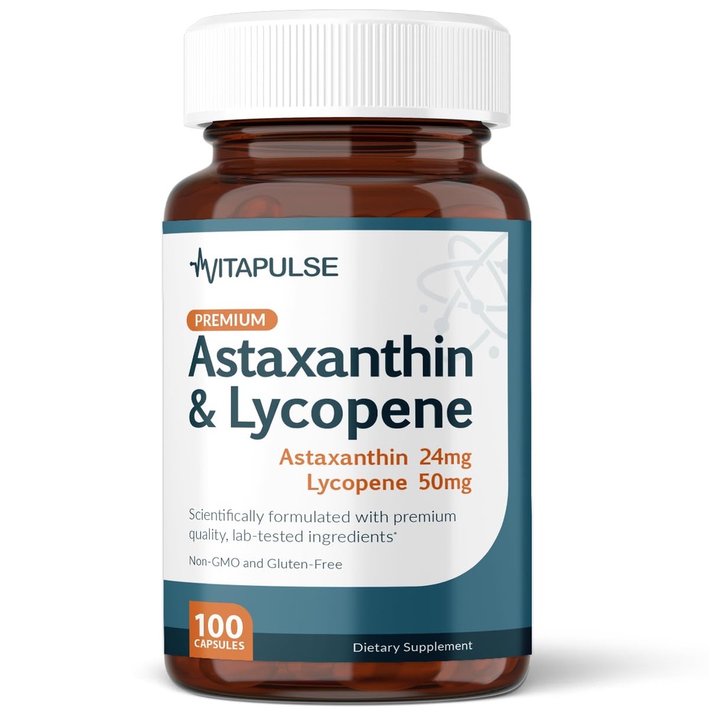 Astaxanthine 24mg avec supplément de lycopène 50mg, 100 capsules végétariennes, non-OGM, sans gluten