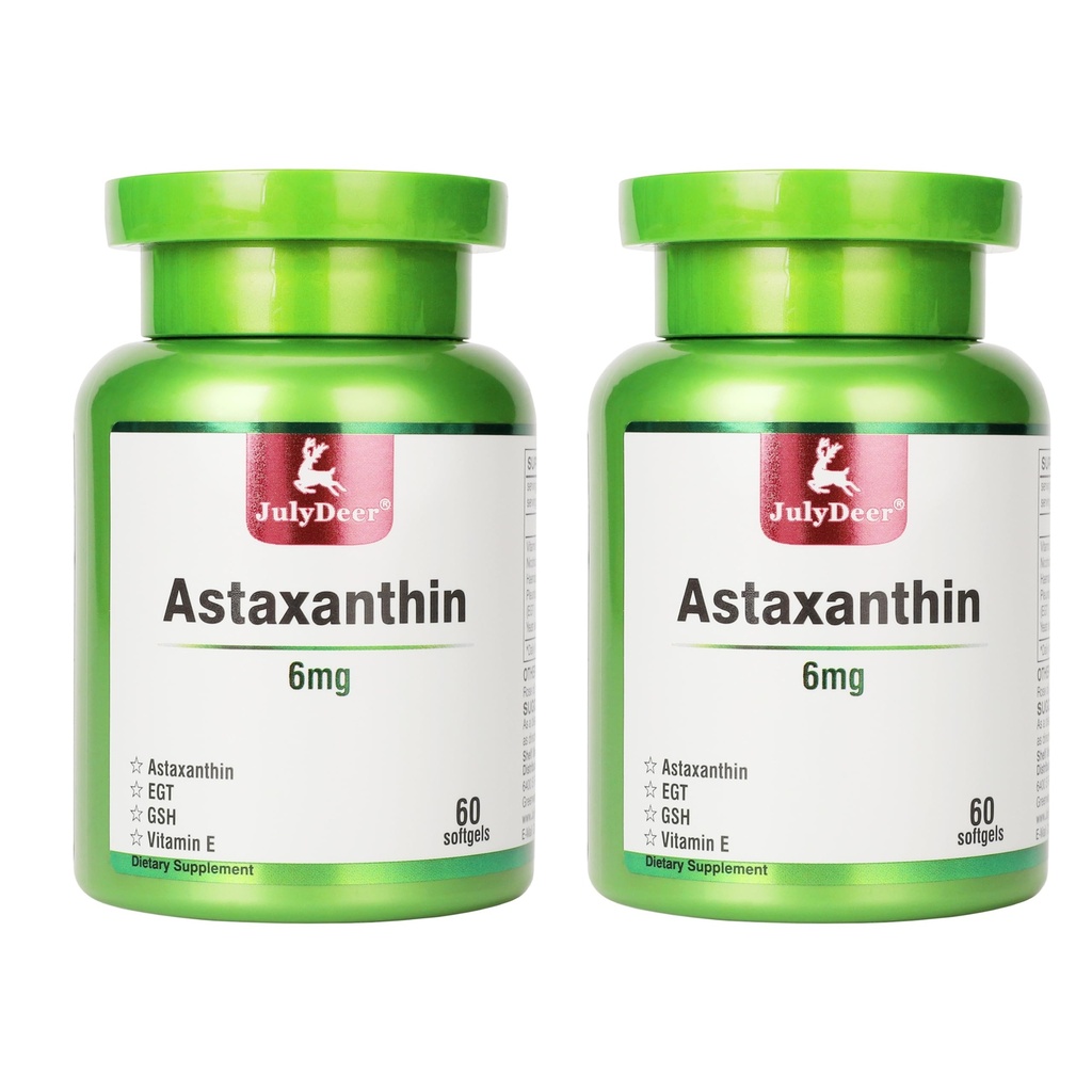 JulyDeer 2 bouteilles Astaxanthine 6 mg avec Nicotinamide Vitamine E Supplément antioxydant Premium EGT GSH - pour la peau, les yeux, les articulations et le système immunitaire Santé des cellules et de l'énergie