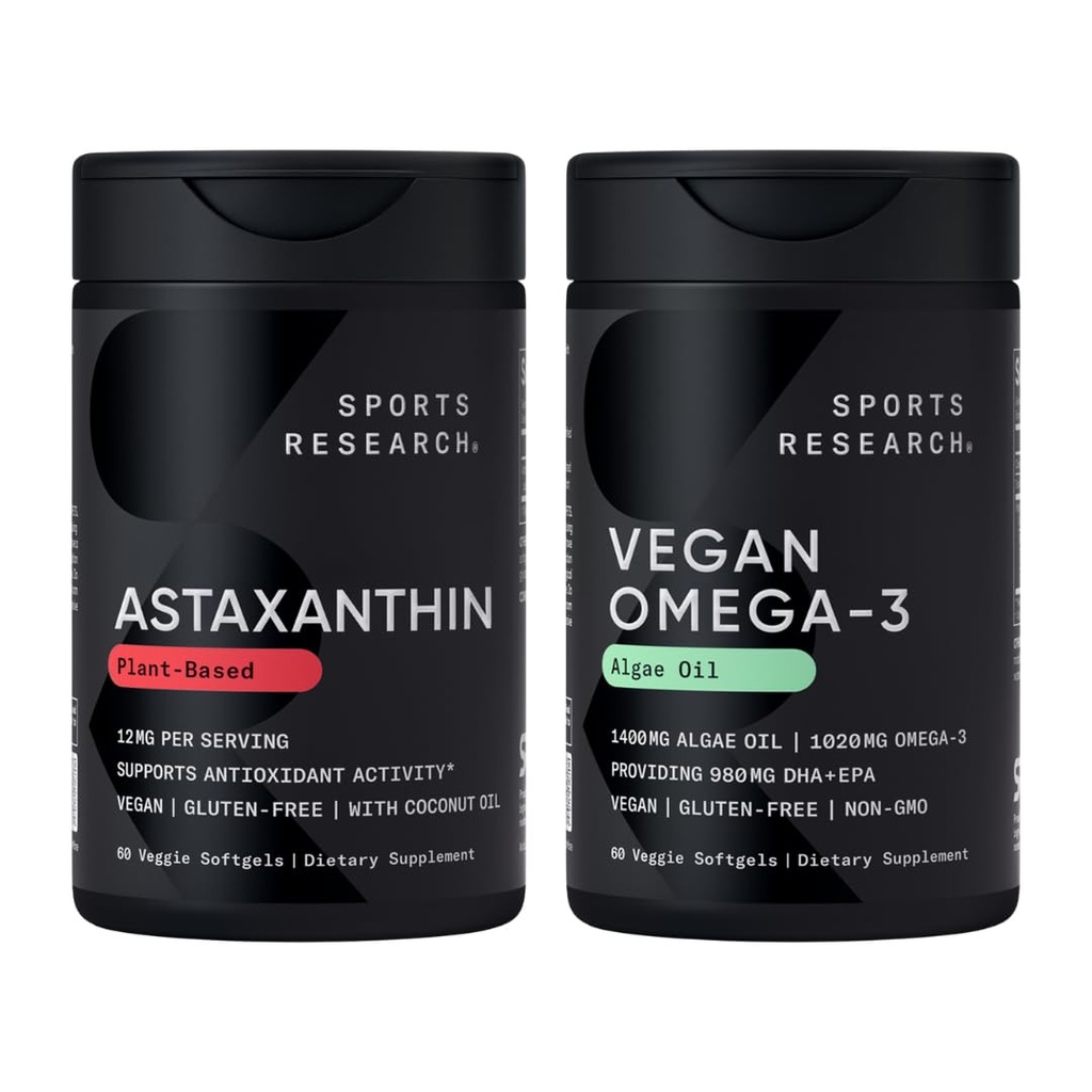 Sports Research® Vegan Antioxidant Support Pack - Omega-3 Algenolie en plantaardige astaxanthine Softgels voor antioxidanten, huid- en ooggezondheid (60 Veggie Softgels)