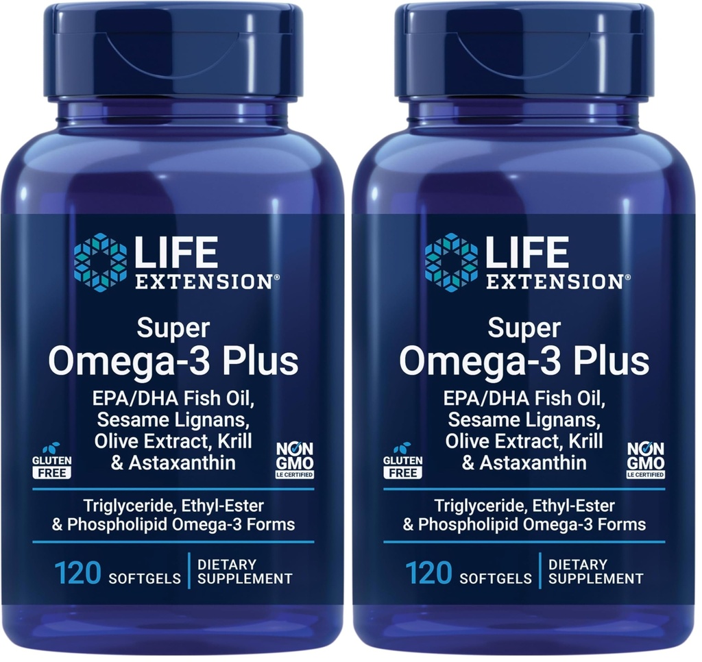 Life Extension Super Omega-3 Plus EPA/DHA Fish Oil, Sesam Lignans, Olive Extract, Krill & Astaxanthine - Heart, Brain & Joint Health Support - Gluten-Free, Non-GMO - 120 Softgels,(Pack of 2)