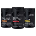 Sportonderzoek Antarctische Krillolie Omega 3 1000mg (met fosforlipiden, choline en astaxanthine), Kurkuma C3-complex (met bioperine zwarte peper en kokosolie) en plantaardige vitamine D3 + K2
