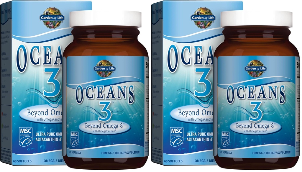 Garden of Life Oceans 3 Beyond Omega-3 with OmegaXanthin, EPA, DHA Supplements, Fish Oil with 1200 mg Omega 3, Astaxanthine & Brown Seaweed Extract - 60 Softgels, (pack of 2)