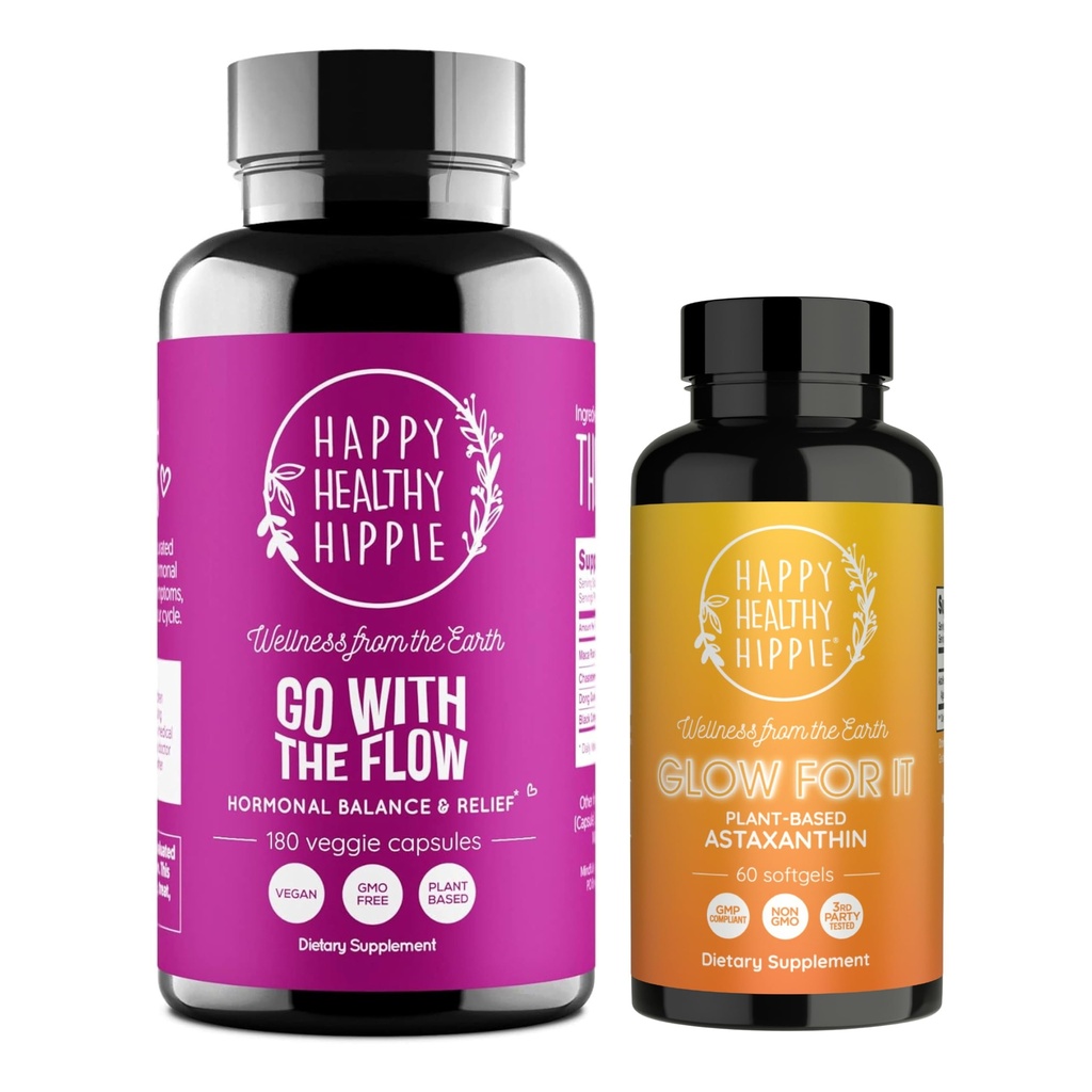 Happy Healthy Hippie Glow for It Astaxanthin Supplement & Go with The Flow Hormone Balance for Women 180ct