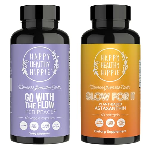 Happy Healthy Hippie Glow for It Astaxanthin Supplément & Go with The Flow Perimenopause Suppléments pour les femmes