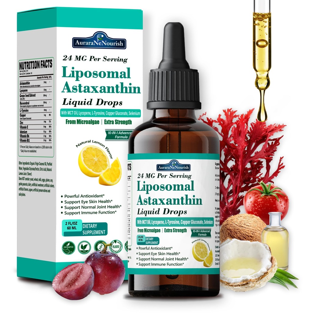 Liposomale Astaxanthine 24mg Liquid Drops, 11-in-1 Antioxidant met MCT Oil, Lycopeen & Organic Coconut Oil, Fresh Microalgen Bron, Ondersteunt ooghuid Joint Health voor vrouwen en mannen, Citroensmaken