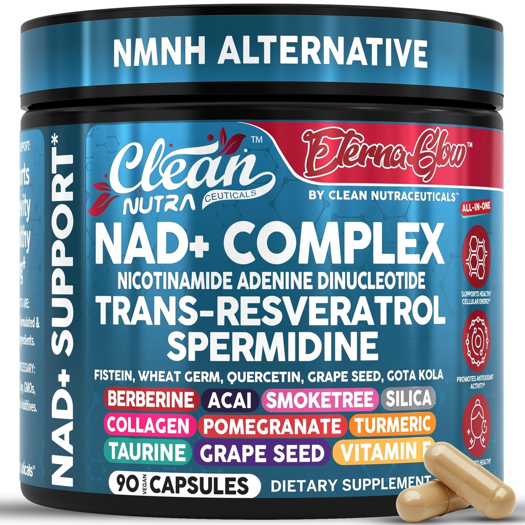 NAD Resveratrol Supplement Spermidine Fisetin Quercetin Grape Seed Gotu Kola Berberine Astaxanthine Taurine Granaatappel Acai Anti Aging Langlevende Capsules voor Vrouwen Mannen EternaGlow by Clean Nutra 90ct