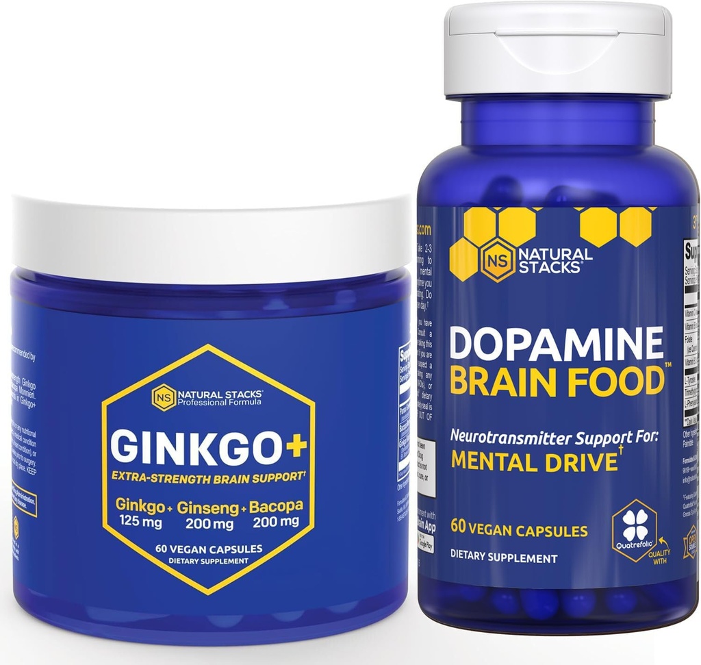 NATUURLIJKE STAKKEN Ginkgo Biloba + Dopamine Hersenvoedselbundel - Ondersteunt Focus & Mental Drive* - 120 Totaal Capsules