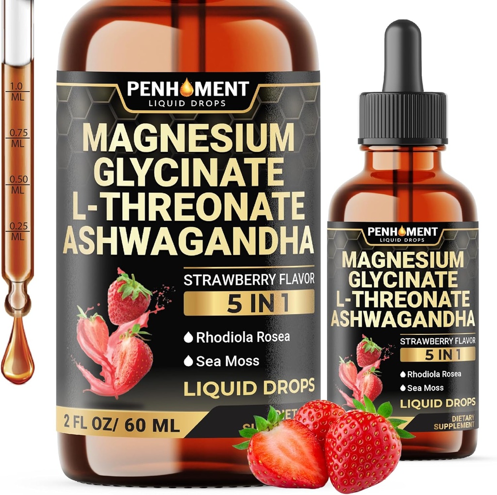 5in1 Magnesium Glycinate vloeibare druppels met Ashwagadha Extract, Magnesium L-Threonaat, Rhodiola Rosea, Sea Moss - Hersenondersteuning en Immune - 2 Fl Oz - Levering 30-Dag - Aardbei smaak