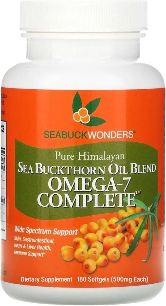 SeabuckWonders Organic Sea Buckthorn Oil, Omega-7 Complete Softgels, 180 Count, with Omega 3, 6 & 9, Supports Hair, Skin & Nail Health, 1000mg per Serving