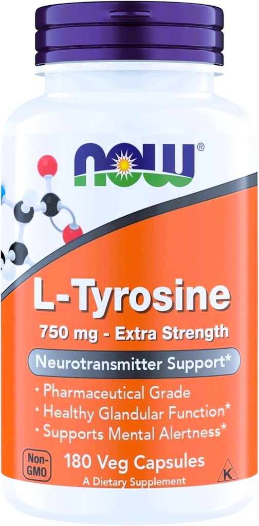 NOW Foods Supplementen, L-Tyrosine 750 mg, Ondersteunt Mentale Alertheid*, Neurotransmitter Ondersteuning*, 180 Veg Capsules