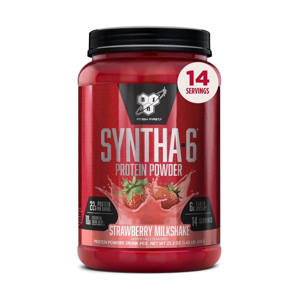 BSN SYNTHA-6 Premium Proteïnepoeder met 6 g vezels, wei-isolaat, Micellar Caseïne, Melkeiwitisolaat, 6 g vet, aardbei milkshake, 14 porties, 1,45 pond (Verpakking mei Vary)