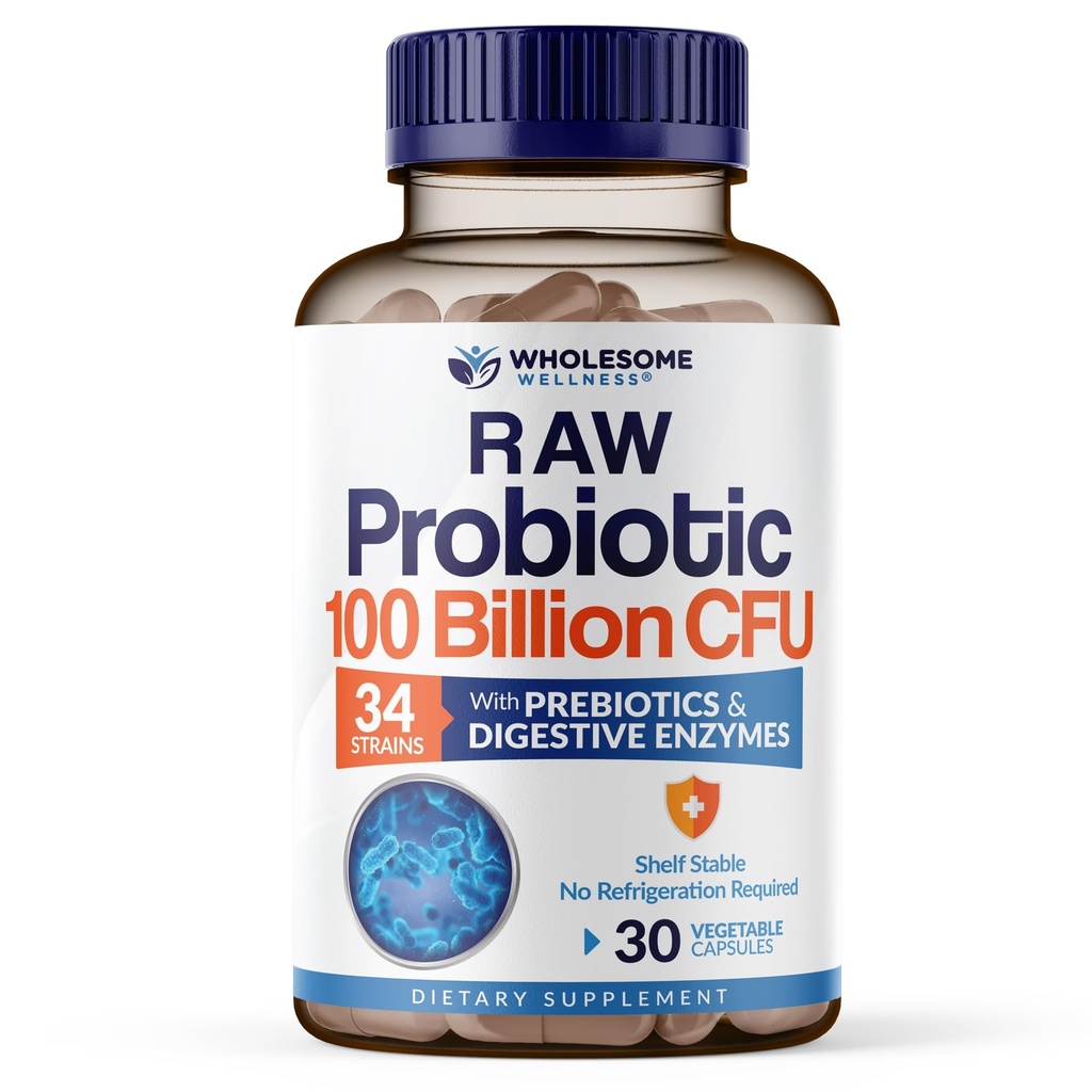 Gezonde Wellness Biologische Raw Probiotica 100 miljard CFU, Dr Geformuleerd voor Vrouwen en Mannen, Complete Adult Supplement met Prebiotica en Digestieve Enzymen; 30 Capsules, Plank Stable