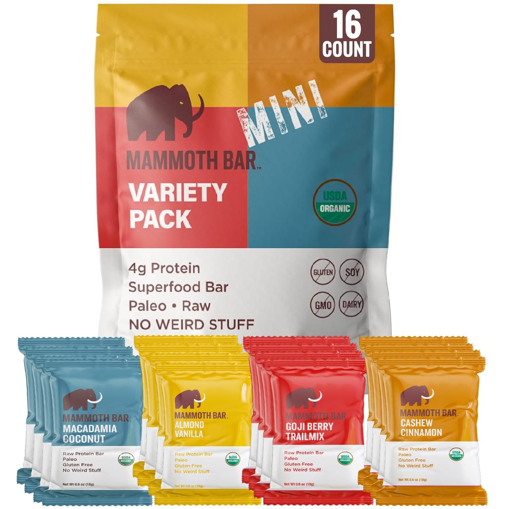 Mammoth Bar Mini - Variety Pack van onze Mini Organic Protein Bars Gemaakt met Premium Noten & Egg White Protein • Biologische • Paleo • Glutenvrij • GGO-vrij • Raw - 16 Mini Bars
